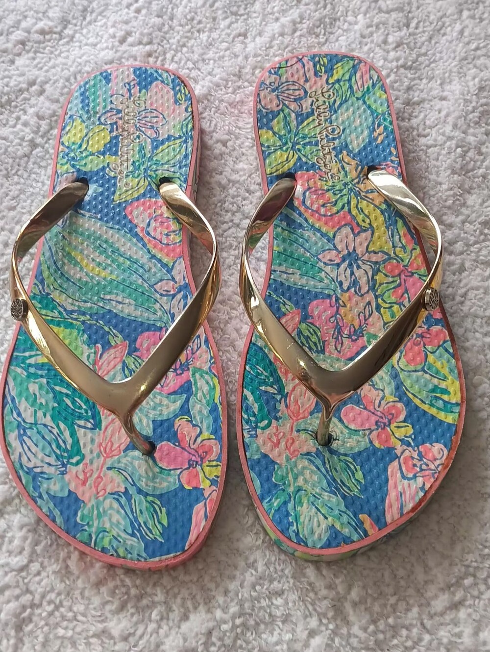 Lilly Pulitzer Floral Pattern Flip Flops with Gold V-Strap